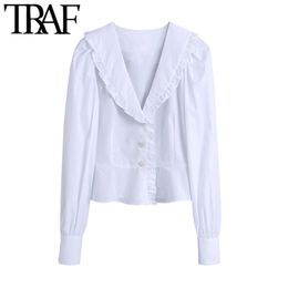 TRAF Women Sweet Fashion Ruffle Trim Cropped White Blouses Vintage Puff Sleeve Gem Buttons Female Shirts Chic Tops 210415