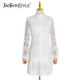 TWOTWINSTYLE Elegnat White Lace Women Dress Stand Collar Lantern Long Sleeve High Waist Perspective Dresses Female Fashion 210517