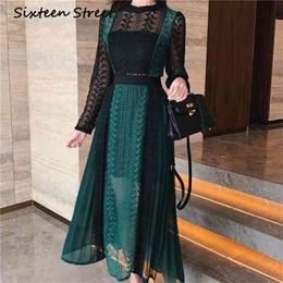 Green Lace Hollow-out Maxi Dress Woman Long sleeve patchwork high waist elegant portrait Dresses female autumn vestidos 210603