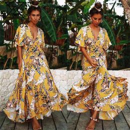 Women Dress Deep V Neck Short Sleeve Printed Bohemia es Sexy Long Print Floral Maxi Summer Beach es 210513