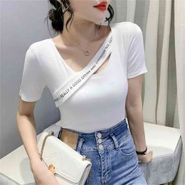 summer O collar Hollow out short Sleeve Tee Women Fashion Slim Tops Casual Woman letter T Shirts women sexy tops 210507