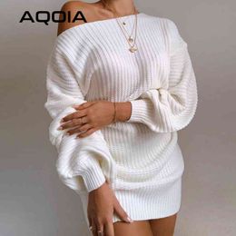 Winter Casual Off Shoulder Loose Short Dress Women Party Club Long Sleeve Sweater Knitted White Sexy Woman Mini 210521