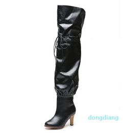 Designer- Lady Leather Pleated High Heel Rubber Outsole Thigh-High Boot Women Letter Canvas Over-the-knee Boots Pointed Toe Zipper Slip-on