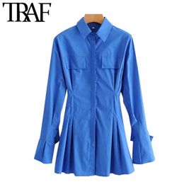Women Chic Fashion False Pockets Fitted Mini Shirt Dress Vintage Long Sleeve Button-up Female Dresses Vestidos 210507