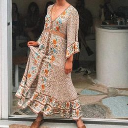 Boho Floral Patterns Bohemian Dress V-neck Long Sleeve Vintage Plus Size Maxi Kaftan Beach Summer Tunic Cover Up A252 Women's Swimwear