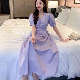 Women Elegant Drawstring V-neck Long Dresses Puff Sleeve Korean Casual Solid Vestidos Summer A-line Dress Robe Femme 210514