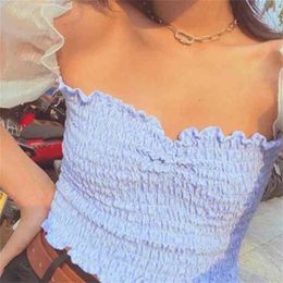 Foridol sheer puff sleeve tulle blouse women vintage elastic blue white transparent crop tops chic ruffle blouse femininas 210415