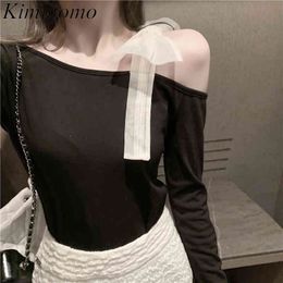 Kimutomo Casual Skew Collar T-shirt Women Spring Fashion Female Bow Lace Up Slim Waist Long Sleeve Top Chic Elegant 210521