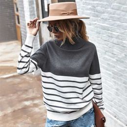 Striped Turtleneck Sweater Women Fall Long Sleeved Kintted Woman Sweaters Brown Warm Pull Femme Casual Jersey Mujer 211103