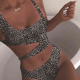 Sexy Women Swimsuit Female Swimwear Bandage Leopard Hollow Out Brazilian Monokini Bathing Suit 210712