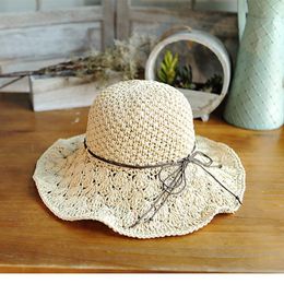 Est Straw Sun Hat Women Hand Woven Crochet Hook Hollow Big Wide Brimmed Flower Print Summer Beach Panama Cap DIY Fashion Brim Hats