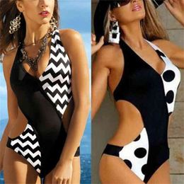 Women's 1PC Cut Out Monokini Stylish Colour Block Padded Bikini Swimwear Swimsuit Style Vintage 210629