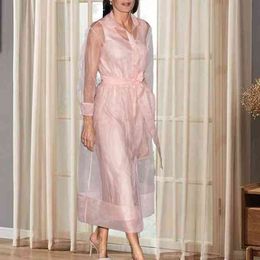 Women Two Pieces Set See Through Outwear Pink Transparent Coat Vest Dress Waist Belt Arican Fashion Party Celebrate Event Suits 210416