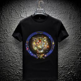 flash diamond t-shirt mens short-sleeved tiger head mercerized cotton social body shirt handsome plus size men's half-sleeved clothes