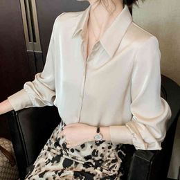 Women Shirts Blusas Feminine Spring Up Satin Silk Shirt Vintage Blouse Long Sleeves female chiffon shirt 139E 210420