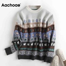 Aachoae Casual O-neck Printed Sweater Women Loose Batwing Long Sleeve Knitted Tops Ladies Vintage Pullover Jumpers 210413