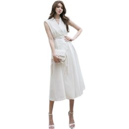 white A line maxi Dress summer Sleeveless V neck cabaret Office Sexy loose long Party for women 210602