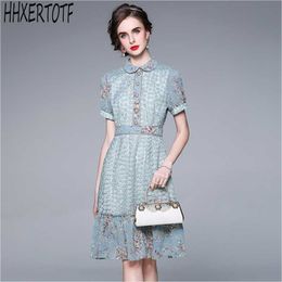 summer Fashion Designer Puff Sleeve High Waist Embroidery Floral Print Patchwork Vintage Mermaid Dresses Vestidos 210531