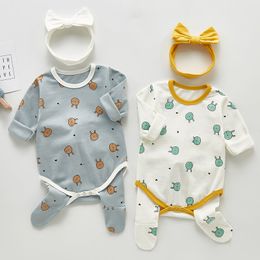 Spring Autumn Infant Baby Boys Girls Long Sleeve Cartoon Printing Rompers + Panty-Hose Clothing Sets Kids Boy Girl Suit Clothes 210429