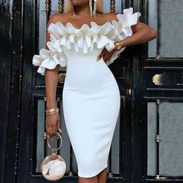 Summer Dress Women Sexy Bodycon Party New White Off The Shoulder Ruffle Prom Evening Club 210422
