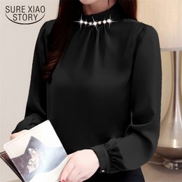 Fashion women blouses chiffon shirt long sleeve shirts beading stand collar office tops 2553 50 210506