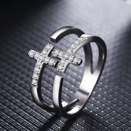 Double Layer Diamond Jesus Cross Ring Band Finger Open Adjustable Hollow chunky Stacking Rings Women Couple Fashion Jewelry Gift Will and Sandy