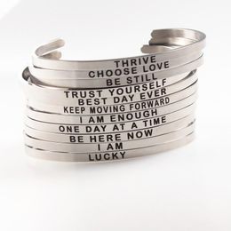 hand carved bracelets Canada - Inspirational Sayings Hand Carved Stainless Steel Bangles 4mm Width Women Men Mantra Bracelets Positive Blessing Jewelry Bangle