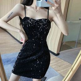 Dress Night club Women's Sexy Sequined Women High Waist Spaghetti Strap Black Woman Party 82E 210420