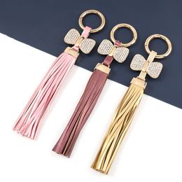 Lovely Bohemian Rhinestone Keyrings Bowknot Leather Tassel Keychain For Women Bag Holder Man Trinkets Jewelry