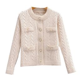 PERHAPS U Women Sweater Knitted Cable Crew Neck O Neck Cardigan Pearl Button Beige Black Autumn Solid Short Cropped M0256 210529