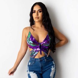 Sexy Halter Sequin Butterfly Top Corset Crop Women Summer Club Womens s Backless Party Vintage Clothes Tank 210616