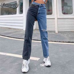 Fashion High Waist Ripped Two Tone Mom Jeans Women Korean Casual Streetwear Straight Leg Denim Pants 210510