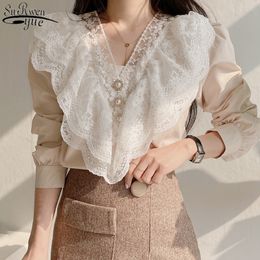 Korean Chic Blouse Spring Vintage V-neck Double-layered Lace Shirt Women Stitched Loose Long-sleeved Top 13721 210427
