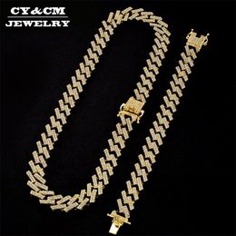 15mm Miami Prong Gold Silver Colour Necklaces Cuban Chain 2 Row Full Iced Out Rhinestones Necklace Bracelet Mens Hip Hop Jewellery X0509