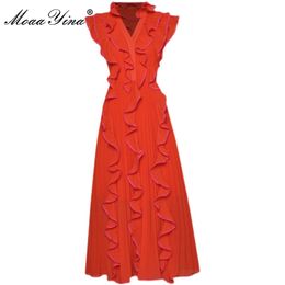 Moda Pista de Verão Verão Vestido Mulheres V-Pescoço Chiffon elegante Ruffles Plissado Midi 210524