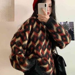 3Colors womens knitted Sweater Autumn and winter loose korean style female Mohair Plaidl Sweaters and pullovers womens (C9948) 210423