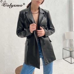 Colysmo Leather Oversized Shirt Solid Color Notched Single Breasted Jacket Women Vintage Blouse Autumn Casual Clothes 210527