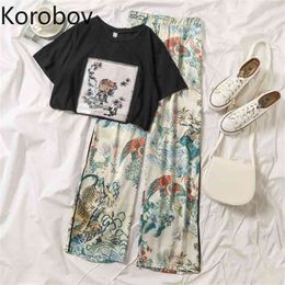 Korobov Two Piece Pants Set Women Korean Cartoon Pattern Sequined Tee and Harajuku High Waist Wide Leg Pants Suit Outfits 78698 210709