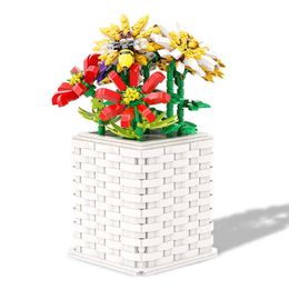 MOC Colorful Flowers Bouquets Rose Sunflower Vase Bees Potted Plants Phalaenopsis Blossom Ornaments Model DIY Kid Gifts Toys Q0823