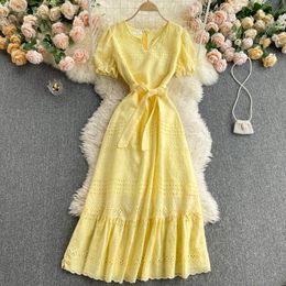 SINGREINY Women Korean Ruffles Dress Puff Sleeve V Neck Sashes Solid A-line Dresses Summer Bohemian Hollow Vacation Midi Dress 210419