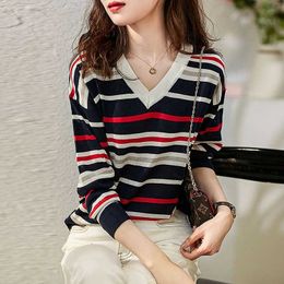 casual V-NECK oversize spring autumn thin Striped Sweater Women soft loose chic sweater Pullovers girl knit Jumper top 210604