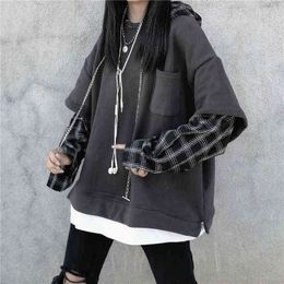 Deeptown Striped Sweatshirt for Women Black Gothic Style Hoodie Patchwork Grunge Long Sleeve Plaid Pullovers Korean Fashion 211108