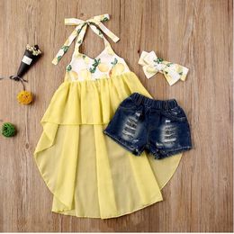 Toddler Baby Girl Sets Clothes Summer Neck Hanging Asymmetric Hem Lemon Print Mesh Dress Denim Shorts Headband 3Pcs Outfits