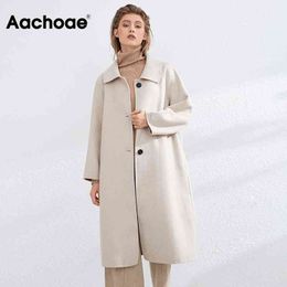 Aachoae Winter Casual Single Breasted 100% Wool Coat Women Solid Color Turn Down Collar Long Jacket Outerwear Ladies Overcoat 210413