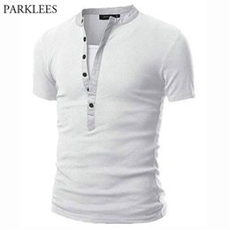 White Henley T Shirt Men Summer Mens V Neck Short Sleeve Tee Shirt Homme Casual Slim Fit Button Design Mens T-shirts XXL 210409