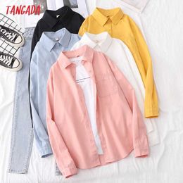 Tangada Women Classic Solid Loose Shirt Turn Down Collar Long Sleeve Chic Female Casual Tops Blusas BAO40 210609