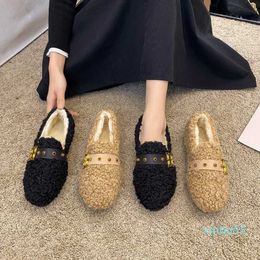 Women Shoes White Keep Warm Flat Shoes Designer Fashion Rivet Decoration Winter Fur Warm Home Slip-on Woman Shoes