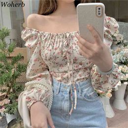 Sweet Long Puff Short Sleeve Chiffon Blouse Womens Tops Korean Flower Print Crop Shirt Sexy Pleated Blouses Mujer 210519