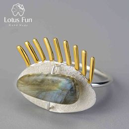 -Lotus Spaß Echt 925 Sterling Silber Natürliche Labradorit Fine Schmuck Einstellbare Ring Interessante Goldene Wimpern Ring für Frauen 210507
