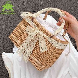 Shopping Bags Fashion Pearl Manual Weave Women Bohemian Straw for Summer High Capacity Beach Handbag Rattan Travel 220303